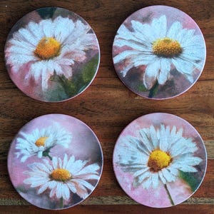 Daisy Decoupage Coasters: Set of 4 Ceramic Coasters with Pink Trim