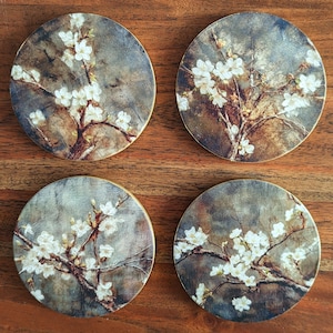 Decoupage Ceramic Coasters: Cherry Blossom Antique Gold Trim, Set of 4