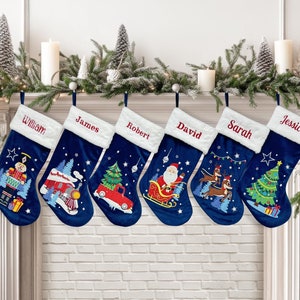Christmas Stocking, Blue Velvet Embroidered Stocking, Custom Holiday Stocking, Personalized Name Stocking for Christmas, Xmas Decoration