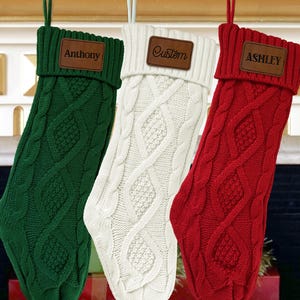Personalized Knit Christmas Stocking: Engraved Leather Patch, Holiday Decor