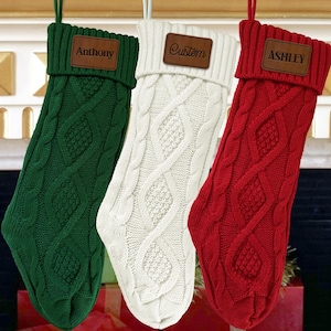 Custom Knit Christmas Stocking: Laser Engraved Leather Patch