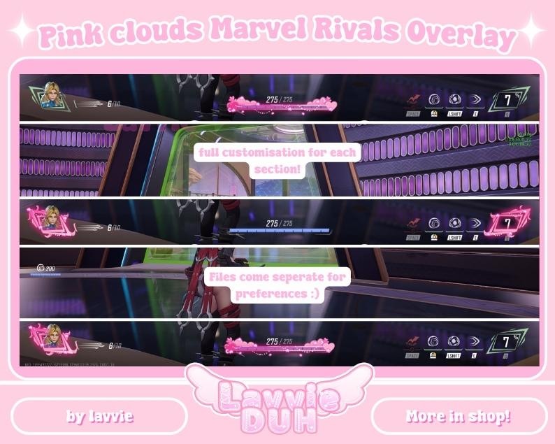 May include: Pink and purple overlay for the Marvel Rivals game with the text "Pink clouds Marvel Rivals Overlay" and "full customization for each section!" and "Files come seperate for preferences :)" and "by lavvie" and "Lawvie BUH" and "More in shop!"