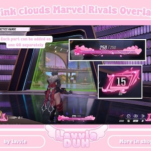 May include: Pink and white overlay for a video game with the text "Pink clouds Marvel Rivals Overlay" and "Each part can be added as one OR separately". The overlay includes a progress bar, a number "15", and a player's health bar.