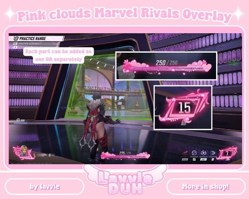 May include: Pink and white overlay for a video game with the text "Pink clouds Marvel Rivals Overlay" and "Each part can be added as one OR separately". The overlay includes a progress bar, a number "15", and a player's health bar.