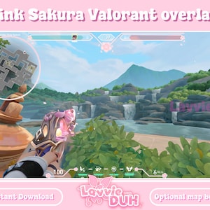 Pode incluir: Overlay Valorant rosa e branco com um tema de sakura rosa. O overlay apresenta um mapa do mapa Breeze, a saúde e a pontuação de um jogador, bem como um design floral rosa e branco. O texto "Lavvic DUH" também é visível no overlay.