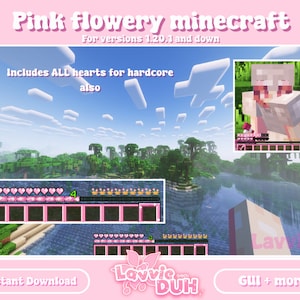 May include: Pink Minecraft resource pack with a flowery theme. The image shows a player character with pink hearts and a pink flower on their head. The text "Includes ALL hearts for hardcore also" is visible.