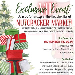 May include: An event flyer for the Houston Ballet Nutcracker Market. The design features a watercolor illustration of a Christmas tree and a person carrying gift boxes and shopping bags. Text includes event details and RSVP information.