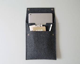 Made in the USA - Felt iPad Sleeve with Flap and Pocket - Charcoal Felt all iPads -  9.7", 10.2", 10.5", 10.9", 11" and 12.9" iPad Pros/Airs