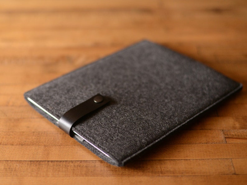 Felt iPad Sleeve with Leather Strap Charocal Felt with Black Leather for 9.7, 10.2/10.5, 10.9/11, 12.9 iPad Air/Pro, Made in the USA image 2