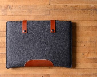 MacBook Pro Sleeve - Charcoal Felt and Brown Leather Patch, Straps for the New 13" 15" 16" MacBook Pro