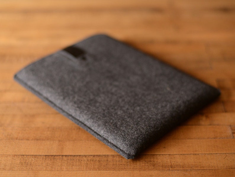 Felt iPad Sleeve with Leather Strap Charocal Felt with Black Leather for 9.7, 10.2/10.5, 10.9/11, 12.9 iPad Air/Pro, Made in the USA image 4
