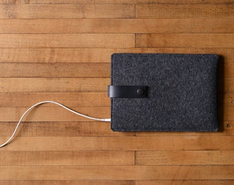 Felt iPad Mini Sleeve with Leather Strap - Charcoal Felt and Black Leather - Made in the USA