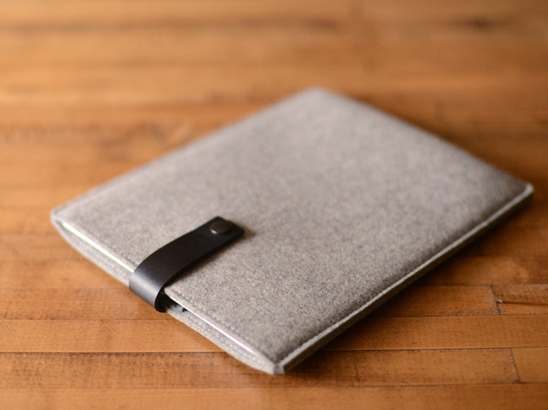 Felt iPad Sleeve with Leather Strap Grey Felt with Black Leather for 9.7, 10.2/10.5, 10.9/11, 12.9 iPad Air/Pro, Made in the USA image 3