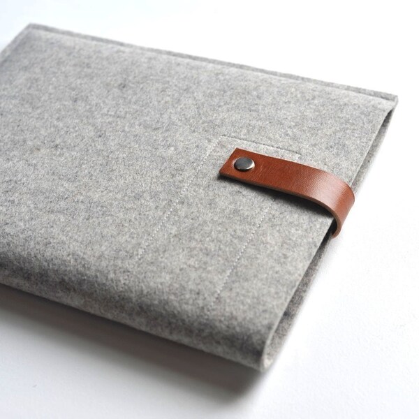 Ipad Sleeve - Grey Wool Felt and Brown Leather