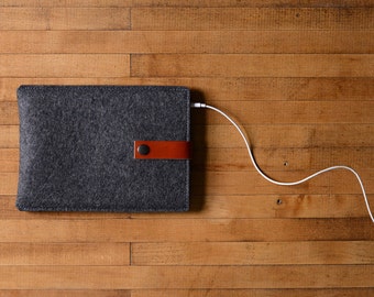 Felt iPad Mini Sleeve with Leather Strap - Charcoal Felt and Brown Leather - Made in the USA