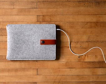 Felt iPad Mini Sleeve with Leather Strap - Grey Felt and Brown Leather - Made in the USA