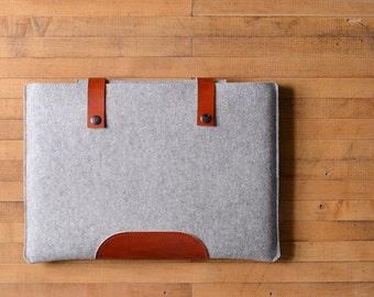 MacBook Pro Sleeve - Grey Felt and Brown Leather Patch, Straps for the New 13" 15" 16" MacBook Pro