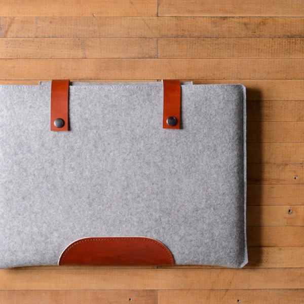 MacBook Pro Sleeve - Grey Felt and Brown Leather Patch, Straps for the New 13" 15" 16" MacBook Pro