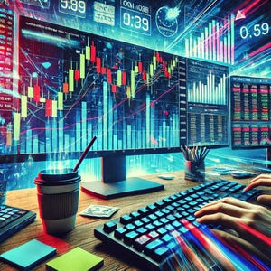 Op de afbeelding: Een persoon werkt op een computer met meerdere monitoren die beursgegevens weergeven. De monitoren tonen grafieken, diagrammen en cijfers. De persoon typt op een toetsenbord met zijn handen. Er staat een kopje koffie op het bureau.
