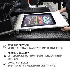 May include: A screen printing machine with a shirt featuring a colorful graphic design. The image shows the printing process, highlighting the production of custom apparel. Text on the image states "FAST PRODUCTION" and "PREMIUM QUALITY".
