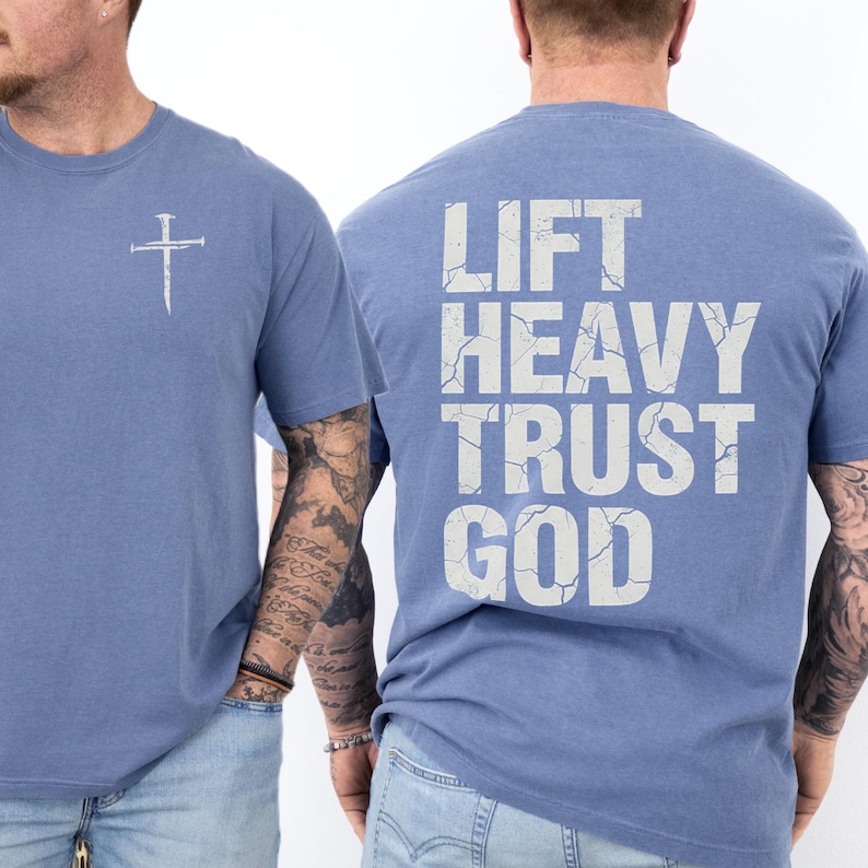 Christian Gym Shirt for Men, Comfort Colors® Faith Workout Gift, Religious Weightlifting Apparel, Lift Heavy Trust God Tee Blue Jean