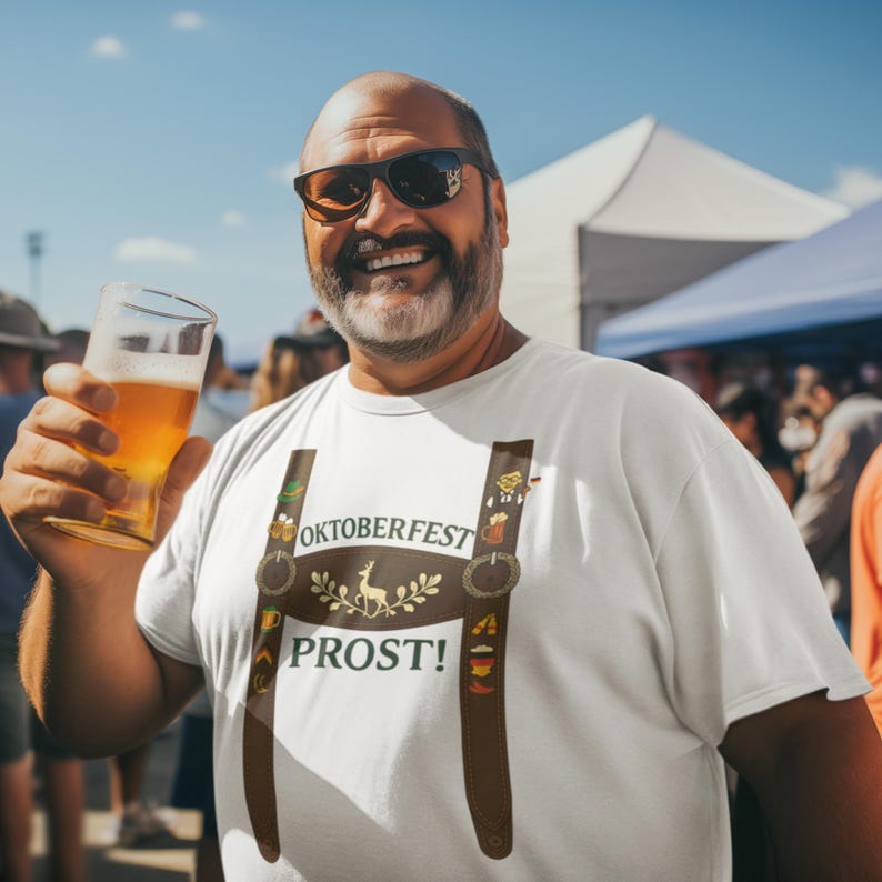 Koszulka męska z motywem Oktoberfest, zabawny t-shirt z motywem skórzanych spodni, koszulka do picia piwa Prost, koszulka z motywem niemieckiego festiwalu, prezent na imprezę Oktoberfest zdjęcie 3