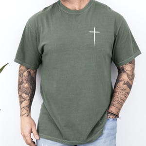 Christian Cross Comfort Colors Shirt, Minimal Faith Tee , Religious Gift for Him, Simple Christian Graphic Top Moss
