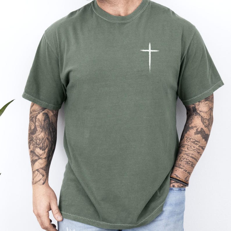 Christian Cross Comfort Colors Shirt, Minimal Faith Tee , Religious Gift for Him, Simple Christian Graphic Top Moss
