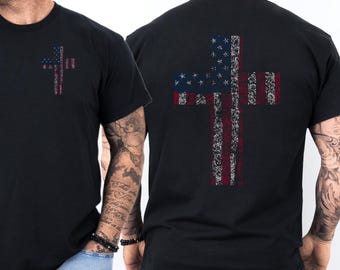 Patriotic Christian Shirt for Men, American Flag Cross T-Shirt, Religious Gift for Dad, Faith Shirt for Father's Day, USA Jesus Tee
