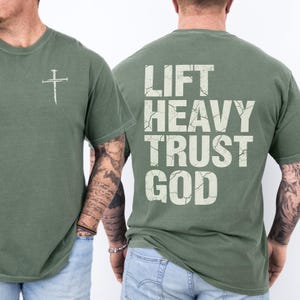 Christian Gym Shirt for Men, Comfort Colors® Faith Workout Gift, Religious Weightlifting Apparel, Lift Heavy Trust God Tee Moss