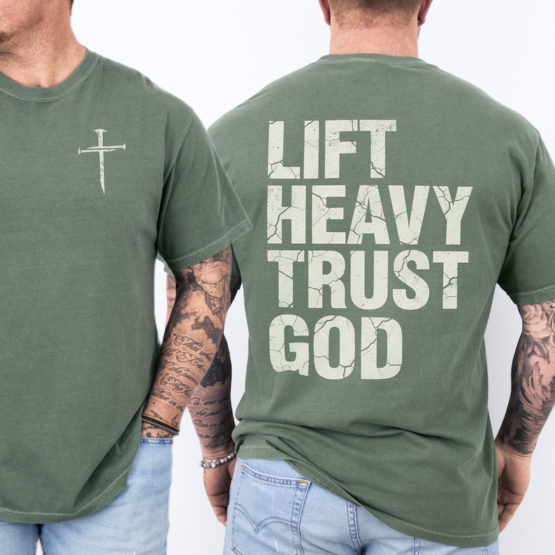 Christian Gym Shirt for Men, Comfort Colors® Faith Workout Gift, Religious Weightlifting Apparel, Lift Heavy Trust God Tee Moss