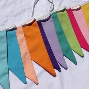 May include: A bunting banner with 10 triangular flags in various colors, including light blue, turquoise, peach, orange, purple, teal, green, lime green, pink, and red.