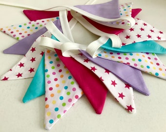 Birthday Bunting - Fabric Garland Banner, 7ft of small flags with extra for ties, Photo Prop, Room Decoration