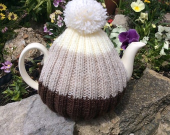 Cappuccino Tea Cosy with bobble - 4 to 6 cup pot - Gradient shades of brown and cream tea cosy.