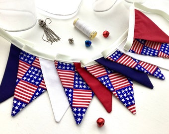 Independence Day bunting, red white and blue with Stars and Stripes, small flag banner, 11 small flag bunting, 4th July Celebrations