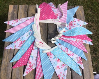 Pink and blue bunting  - 22 flags 15ft long flag banner, featuring blue birds, pink and blue wedding flags