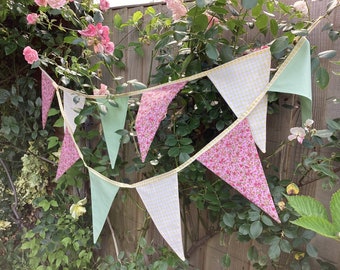 Dusky Pink and green Bunting / Flag / Garland - 10 floral fabric large flag banner outdoor wedding bunting