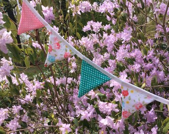 Floral Bunting / fabric banner - 11 small blue and Pink flag Fabric Garland, bedroom or party banner, photo prop