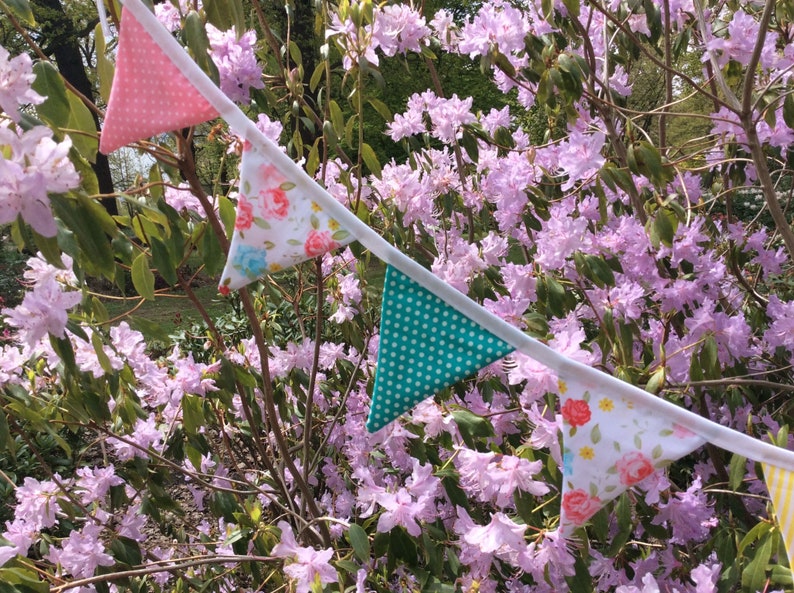 Floral Bunting / fabric banner 11 small blue and Pink flag Fabric Garland, bedroom or party banner, photo prop image 1