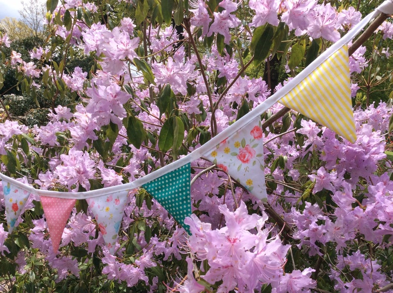 Floral Bunting / fabric banner 11 small blue and Pink flag Fabric Garland, bedroom or party banner, photo prop image 2