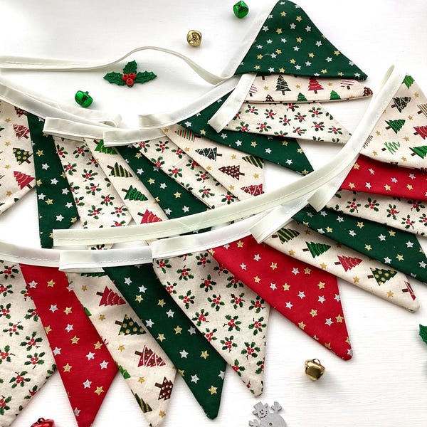Christmas bunting in a scandi tree and holly mix new for 2025 12 small flags, two to choose from, green star flag changing pic 11
