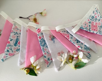 Spring Bunting - 12 small flags featuring Liberty fabrics, pink bunting