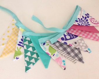 Owl Bunting  Fabric Garland / Banner - small flags, pastel shades of the rainbow