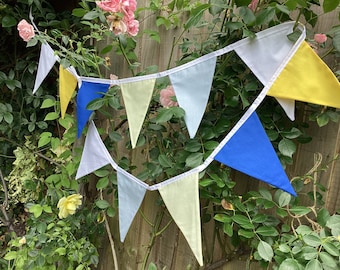 Fanions en tissu - guirlande florale jaune et bleue, 2,5 m de long, 11 drapeaux