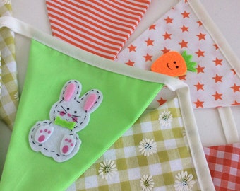 Spring bunting, featuring Spring rabbits and carrots in a green and peach banner - 12 flags, Fabric garland, easter bunting, spring banner