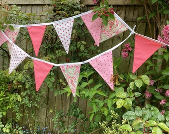 Pink bunting banner, fabric garland with florals, stars and checks, 11 flags 92”  long