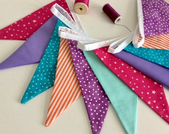 Circus bunting, bright fabric garland in a rainbow of colours, 11 flag garland 2.5m or 8ft long