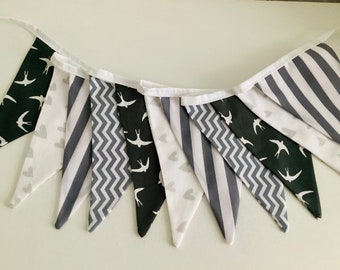 Grey, black and white bunting, Fabric Garland, Flag banner, Cake Smash banner, 2.3m long, birds and spots