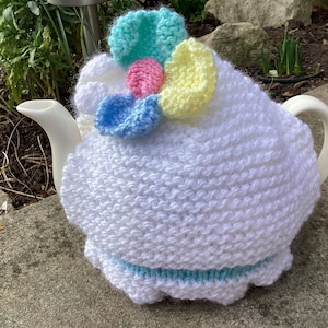 Fête des Mères Pastel Tea Cosy/Cosy - Laine d&#39;Aran motif marguerites, pot de 6 tasses