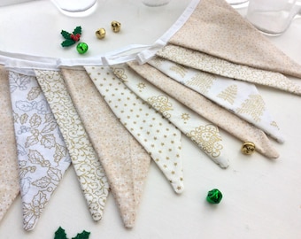 Christmas bunting, snow and sparkle in white silver and gold with bells, 12 flag Fabric Christmas Garland Banner, festive garland,